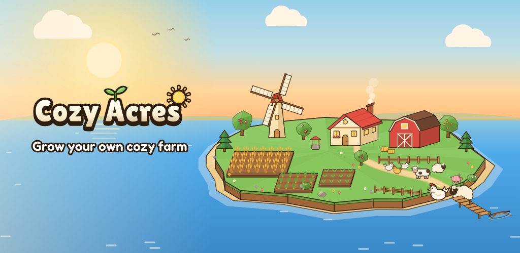 Cozy Acres: a little farm island at golden hour with a farmhouse, barn, windmill and animals